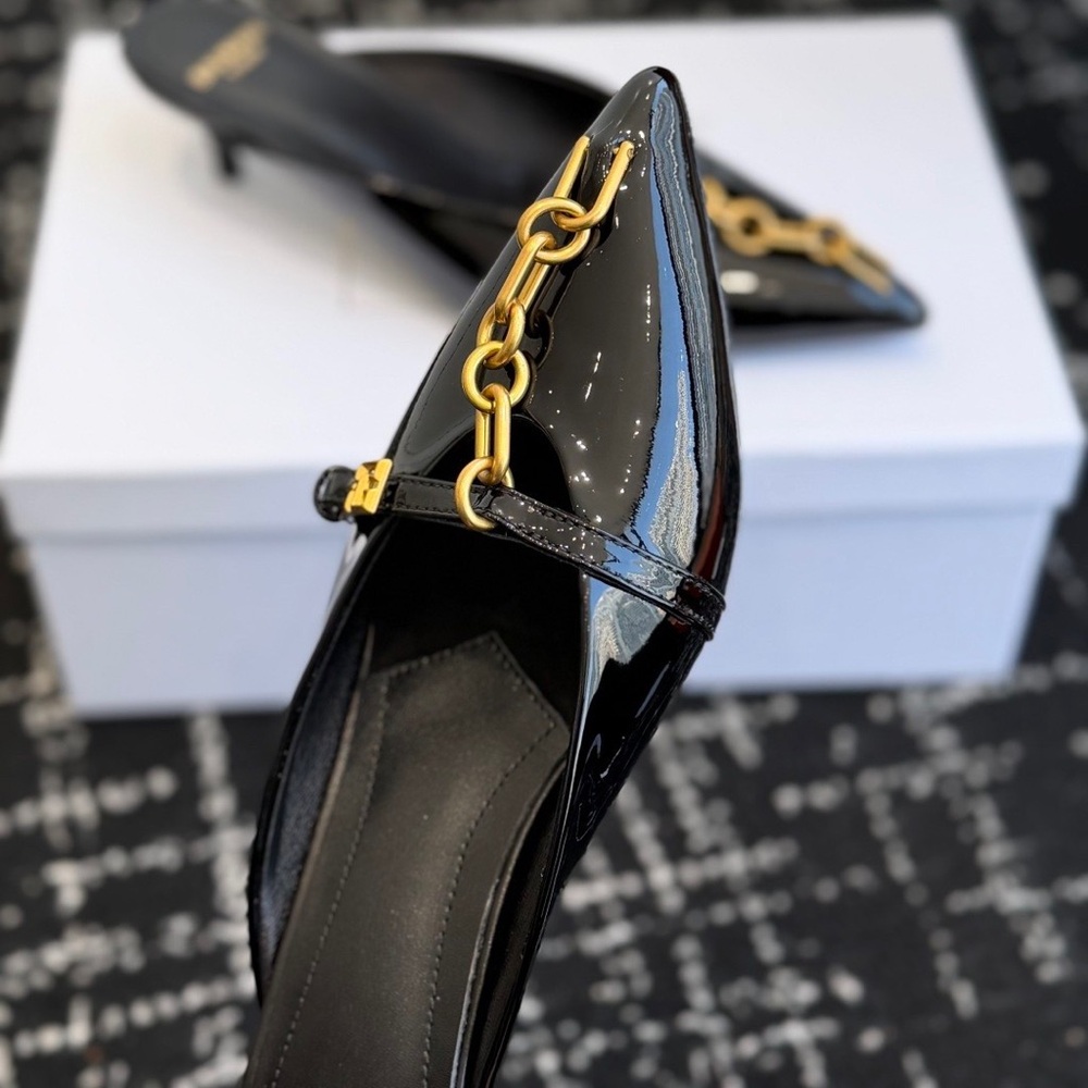 ✨ Women's Balmain Kitten Heel Mules | Black Patent Leather Gold Chain - Picture 4 of 7